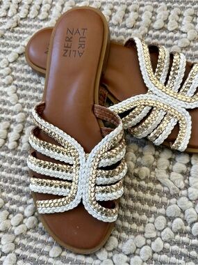 Naturalizer Braided Metallic White and Brown Slide Sandals